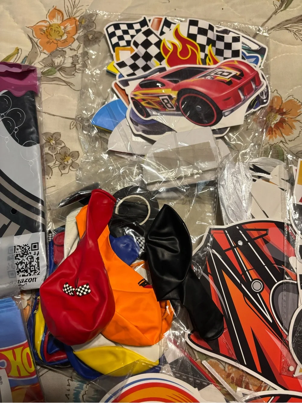 Lot of Hot Wheels birthday decorations
